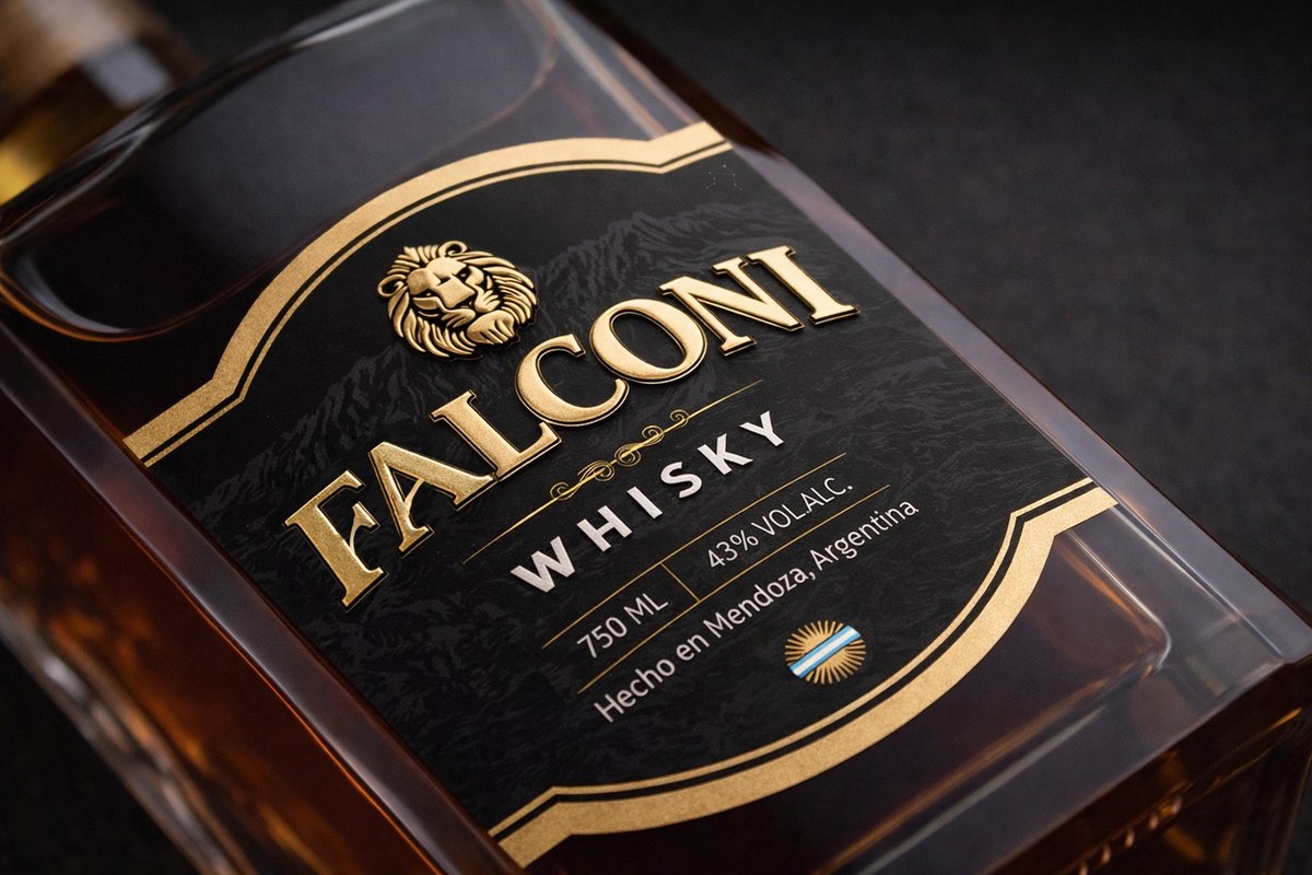 Detalle de la etiqueta de Falconi Whisky, con el isotipo del león